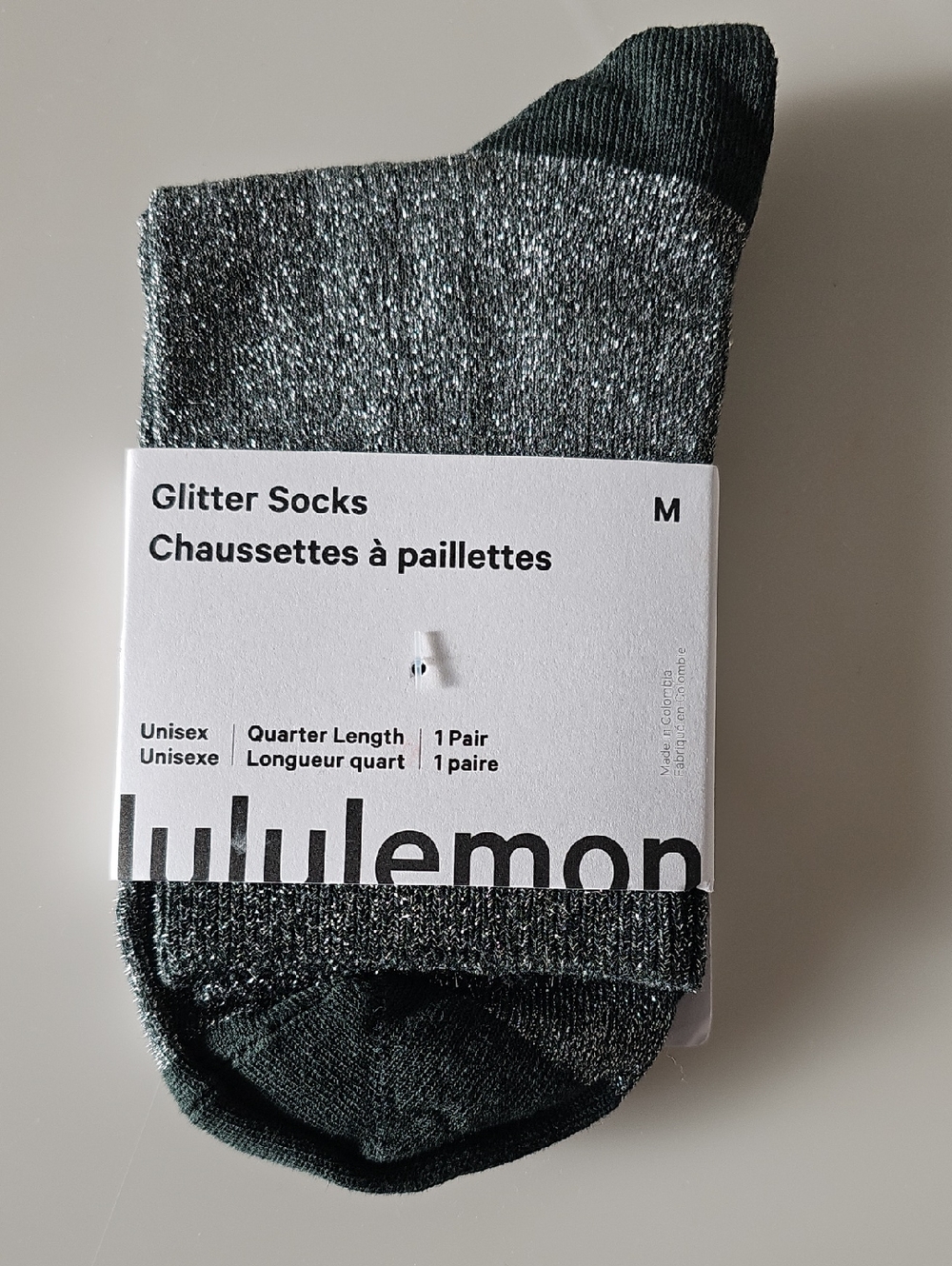 Lululemon  Glitter Quarter Socks — Dark Green with Silver